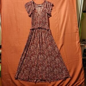 Mango Sz M Rayon Red Burgundy Fall Cap Sleeve Maxi Dress Forest Fairy Bohemian